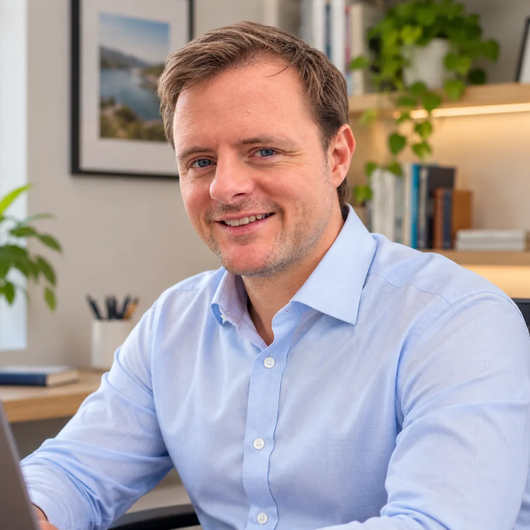 Alan Buchanan smiling at his desk in a bright office