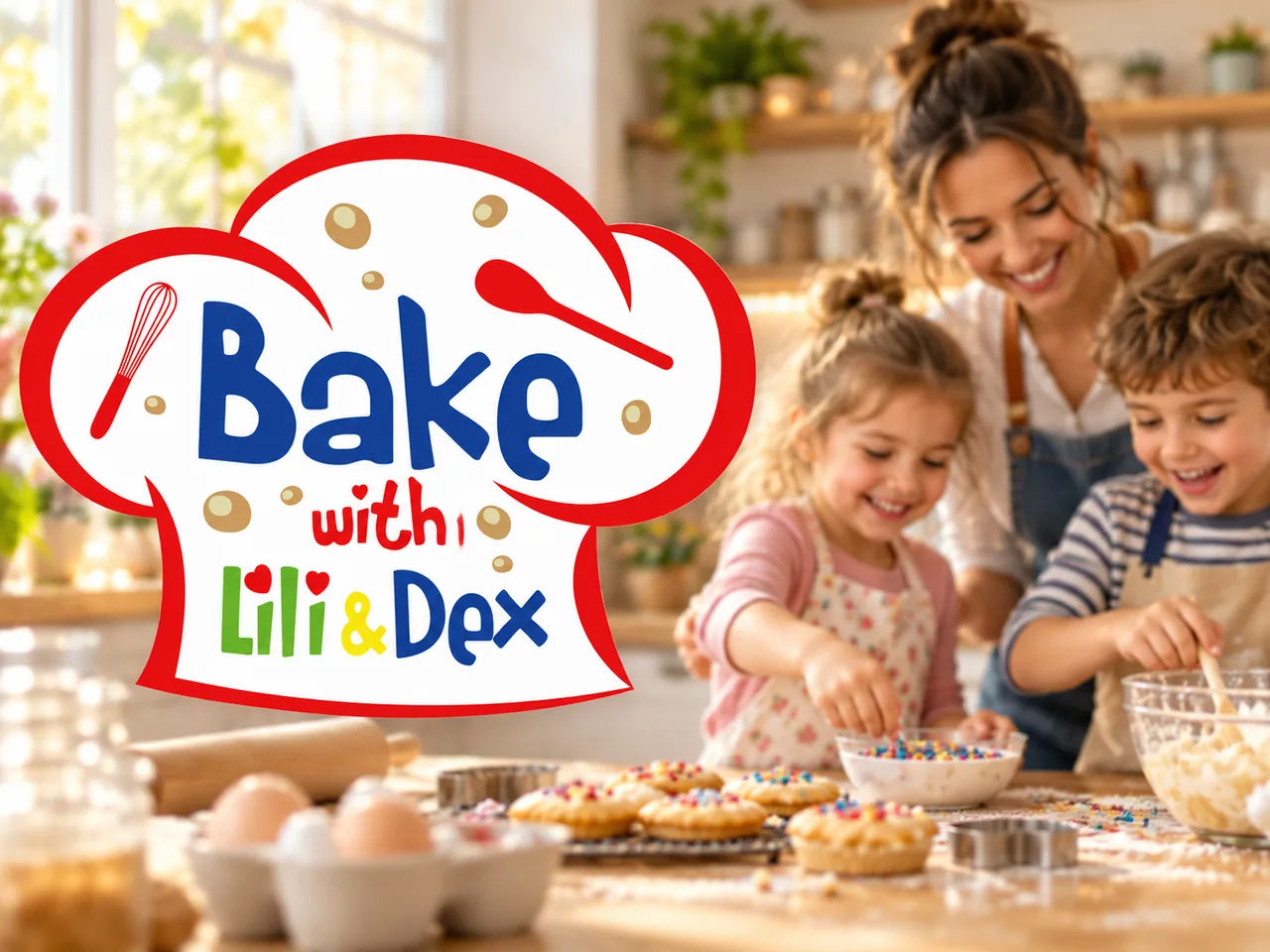 The Bake with Lili & Dex logo, with a parent and two children baking
