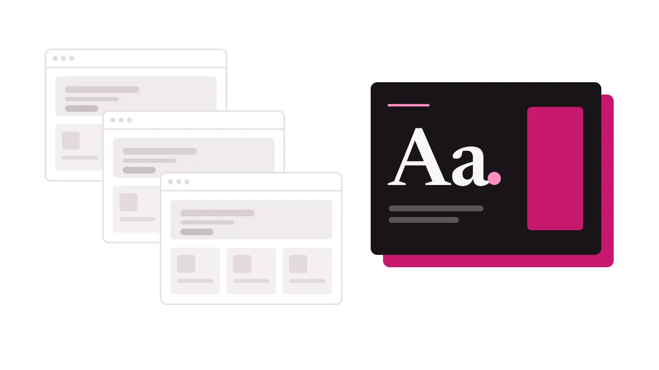 Three identical grey website layouts behind a bolder, different one in ink and magenta