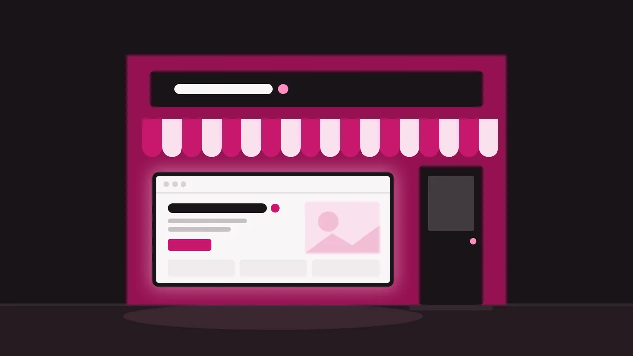A shopfront at night with a striped magenta awning, whose lit-up window is a website