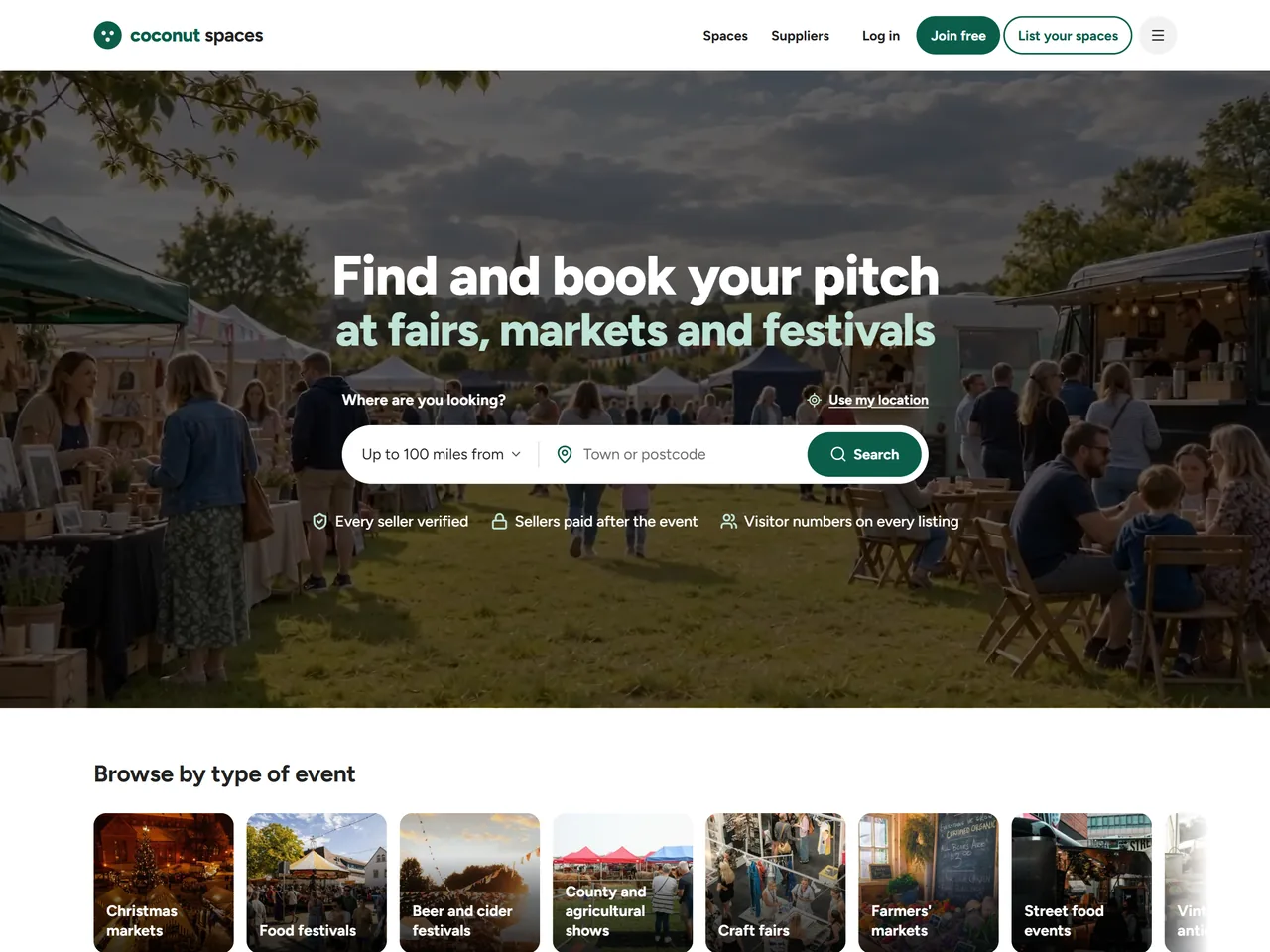 The Coconut Spaces home page: find and book your pitch at fairs, markets and festivals