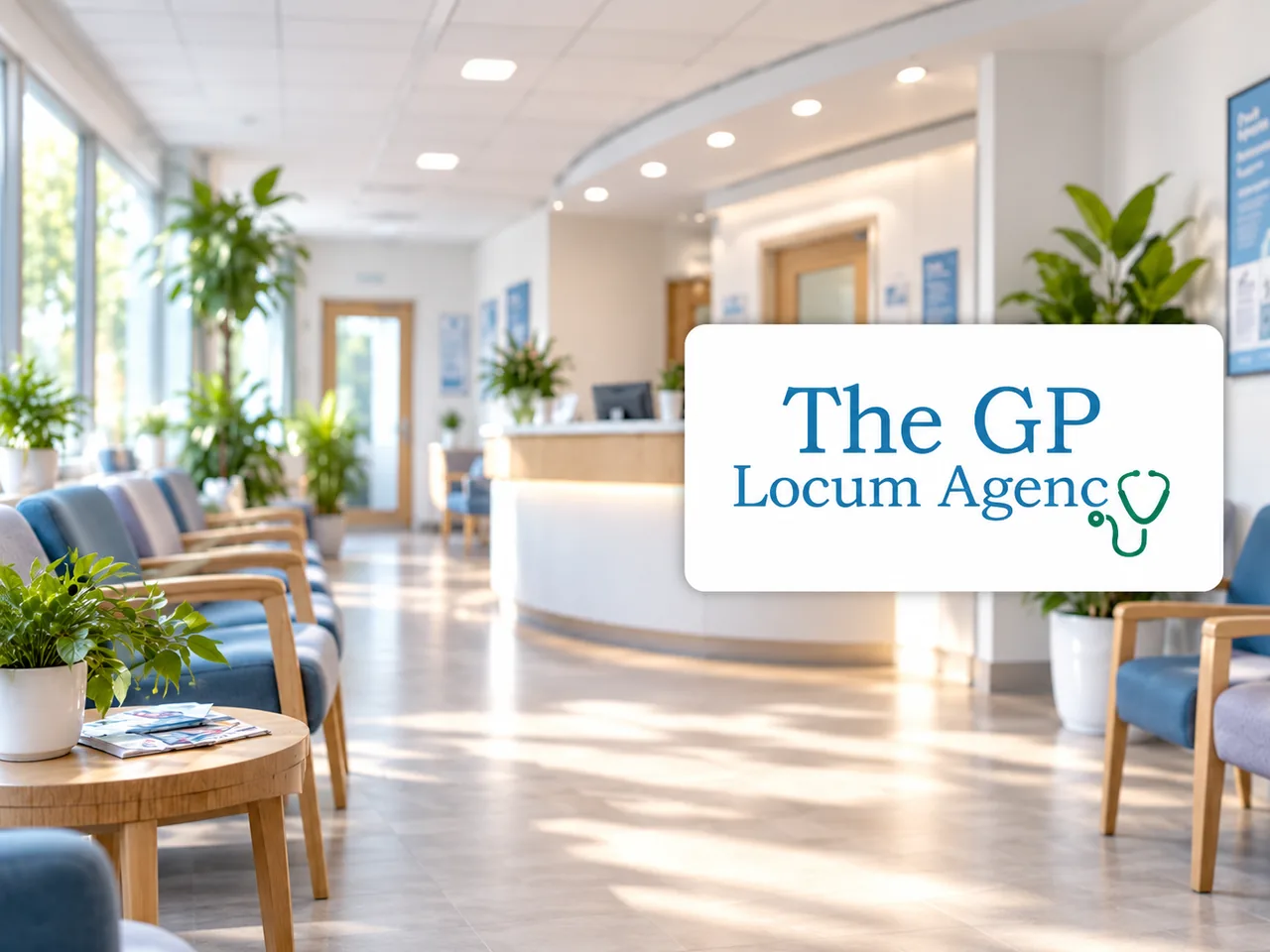 The GP Locum Agency logo over a bright GP surgery waiting room