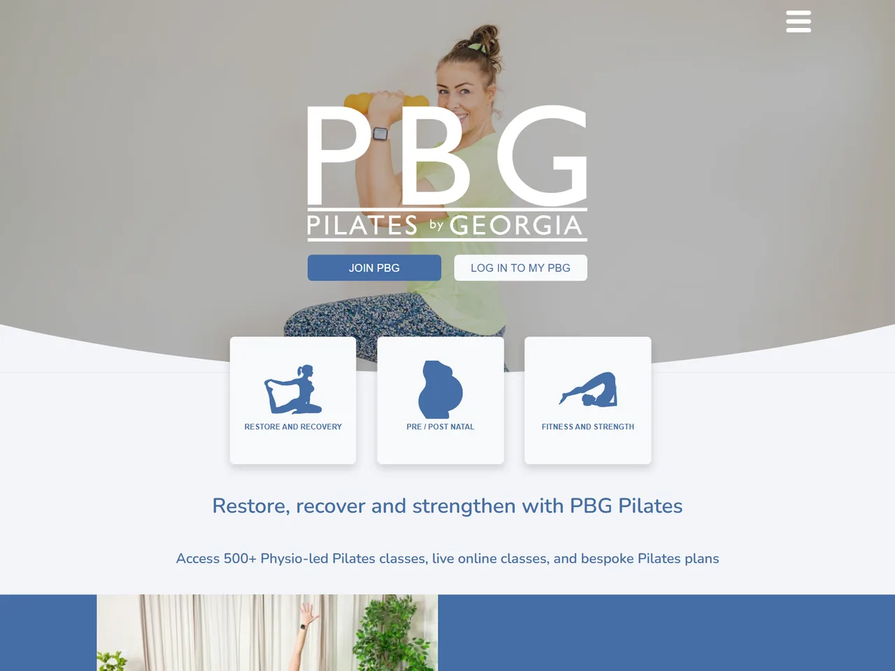 The PBG Pilates website’s home page