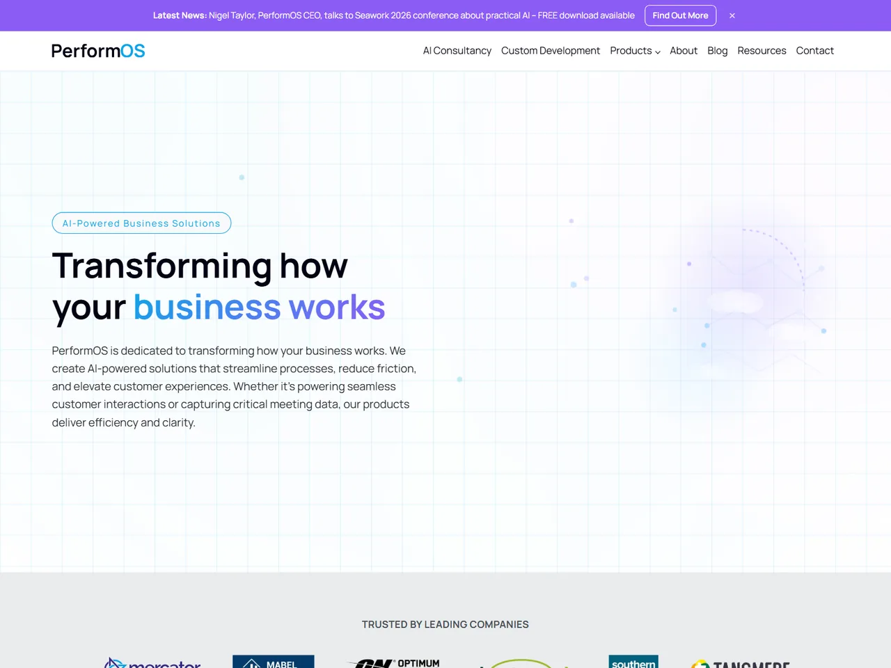 The PerformOS website’s home page