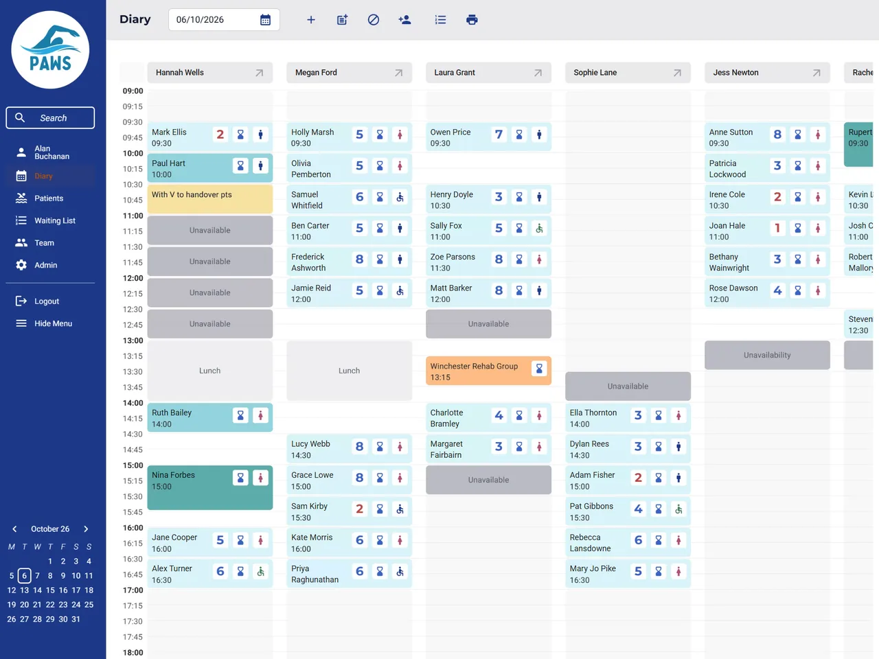 A day’s diary in the custom CRM built for Pinder Aquatic Physio (names changed)
